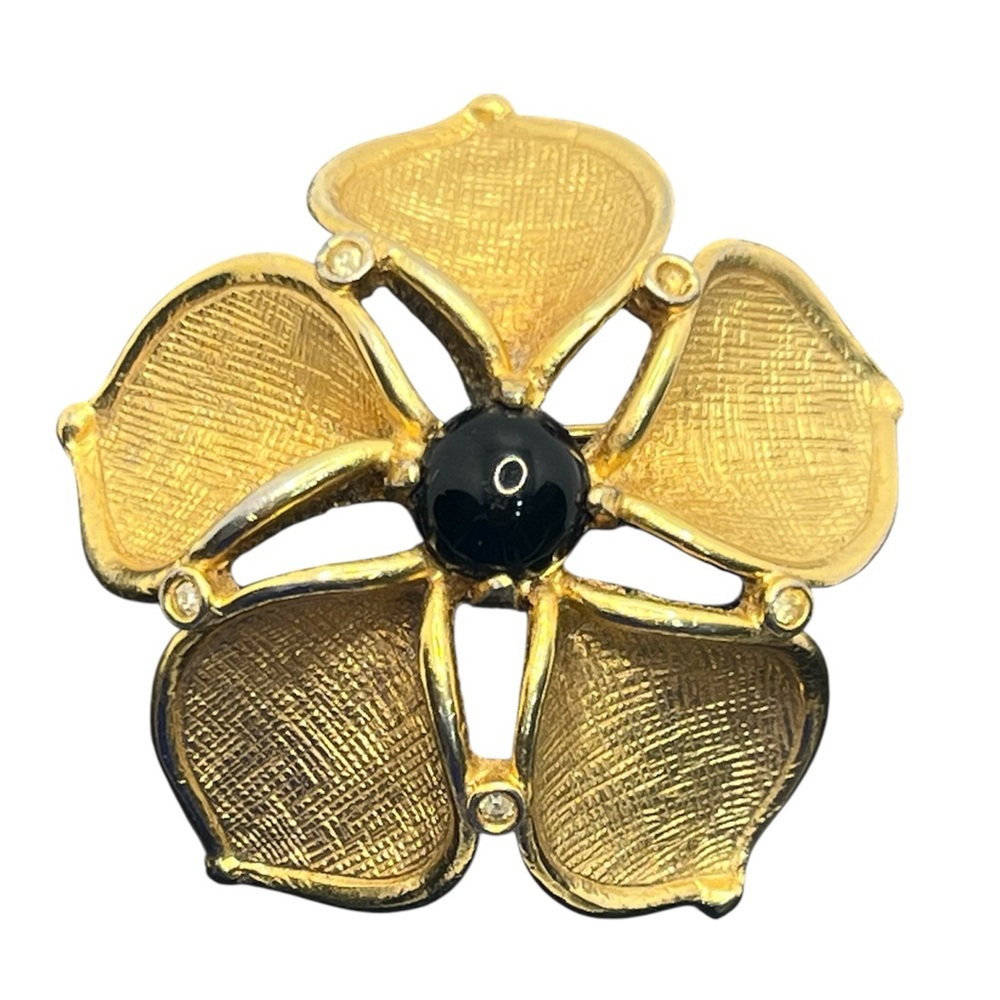 DeNicola textured gold tone black clear rhinestone flower brooch pin